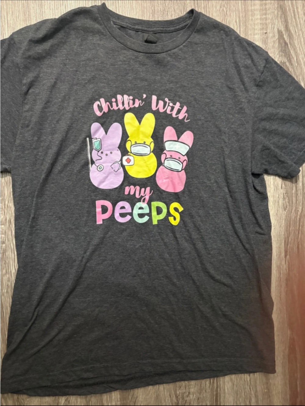Gildan Dark Gray Tee with Pink, Yellow & Lavender Peeps Graphic